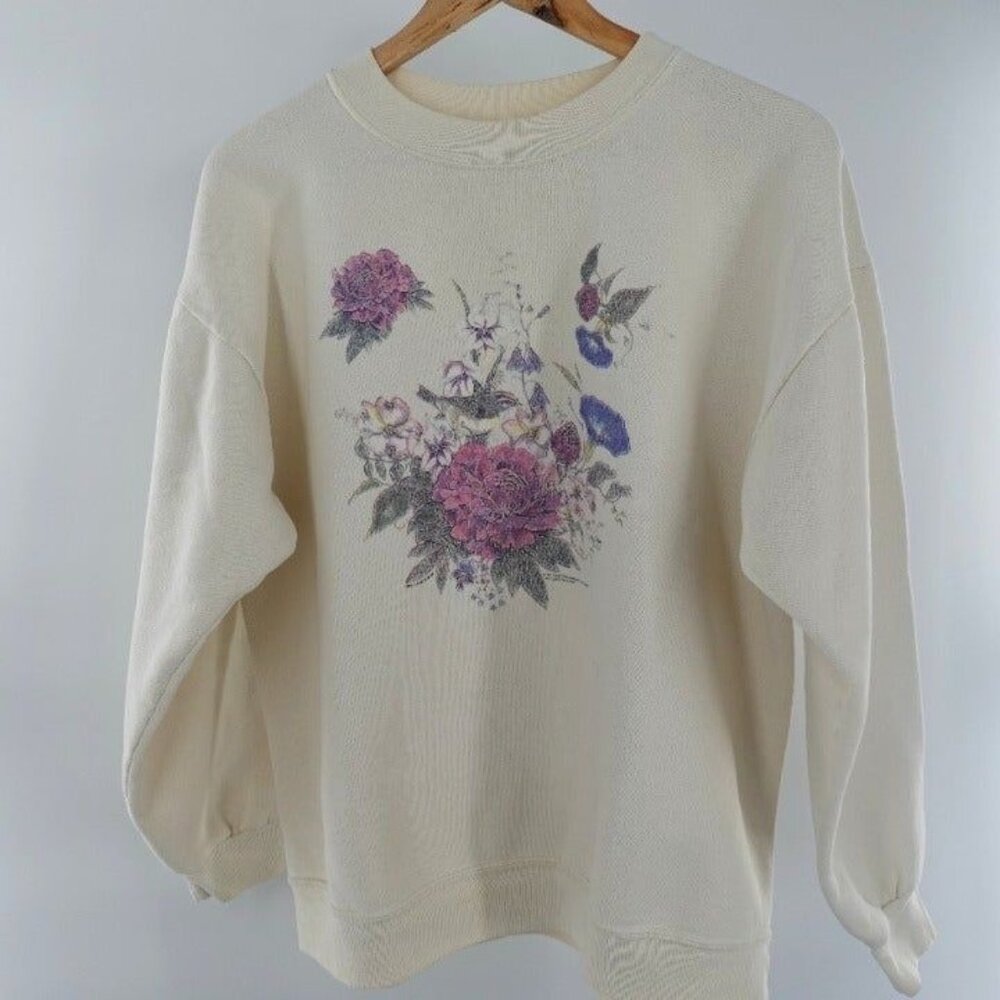 Botanical Bird Print Sweatshirt by Artist Cyndy Callog 1992 XL Pullover